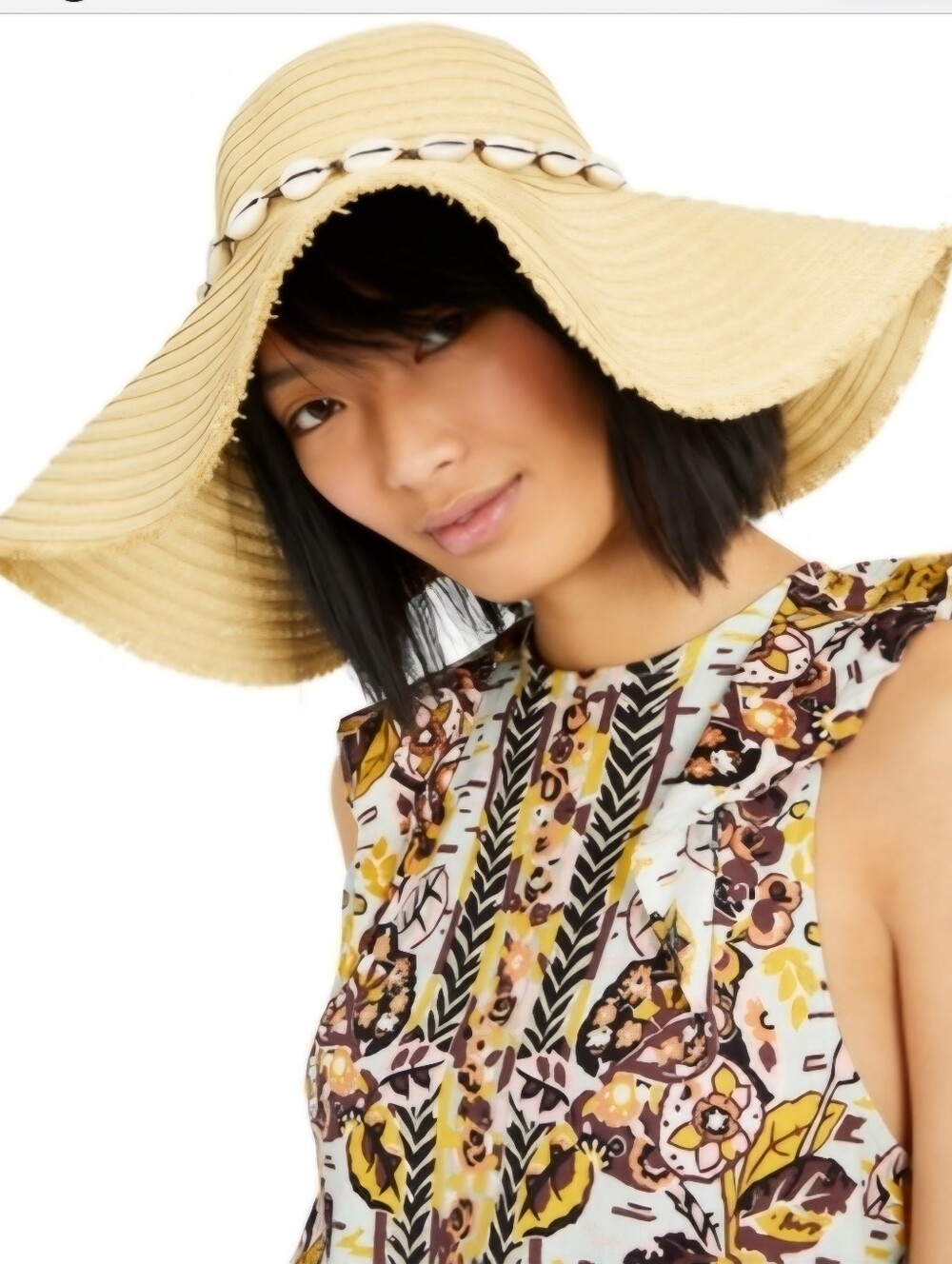 Steve Madden  Wide Brim Straw Sun Hat with Shell Trim - Beige